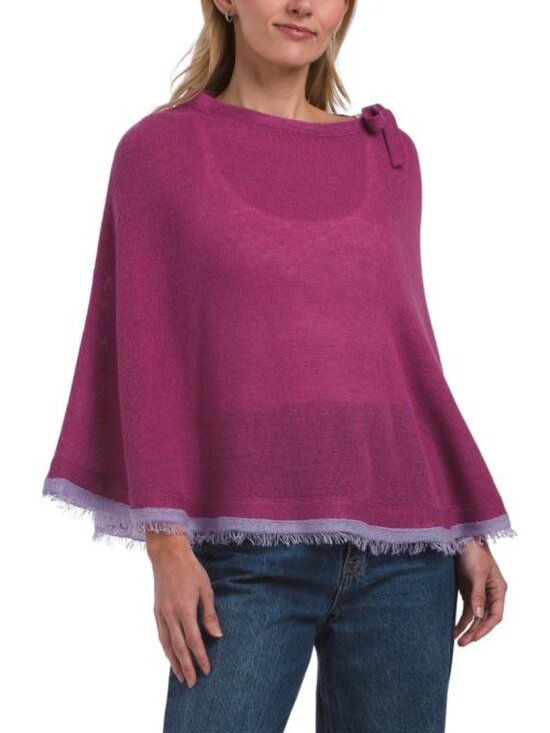 Portolano Sweaters - PORTOLANO Wool Blend Poncho With Eyelash Fringes And Bow